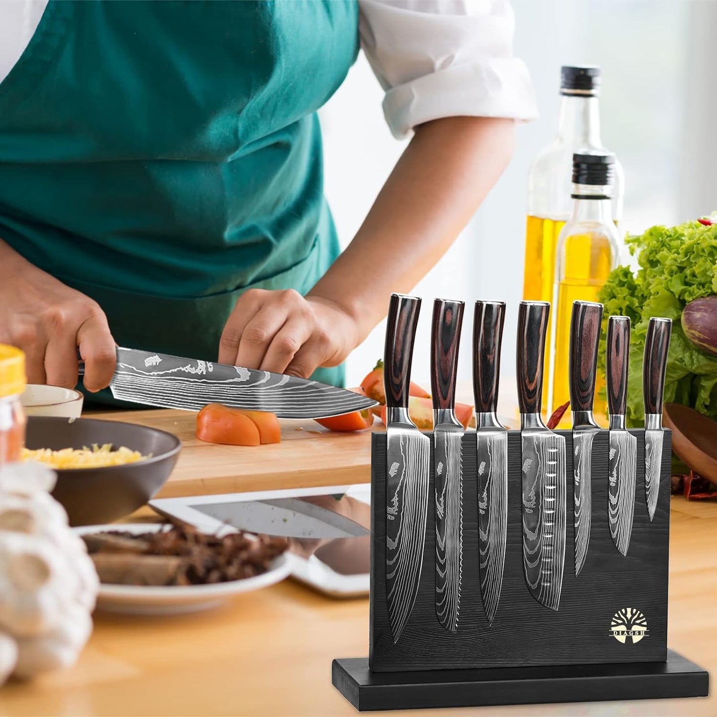 Knife Sets for Kitchen with Block 7 Piece Hand-Forged High Carbon Stainless Steel Knives with Magnetic Holder Solid and Safe-Perfect for Novice to Professional Chefs.