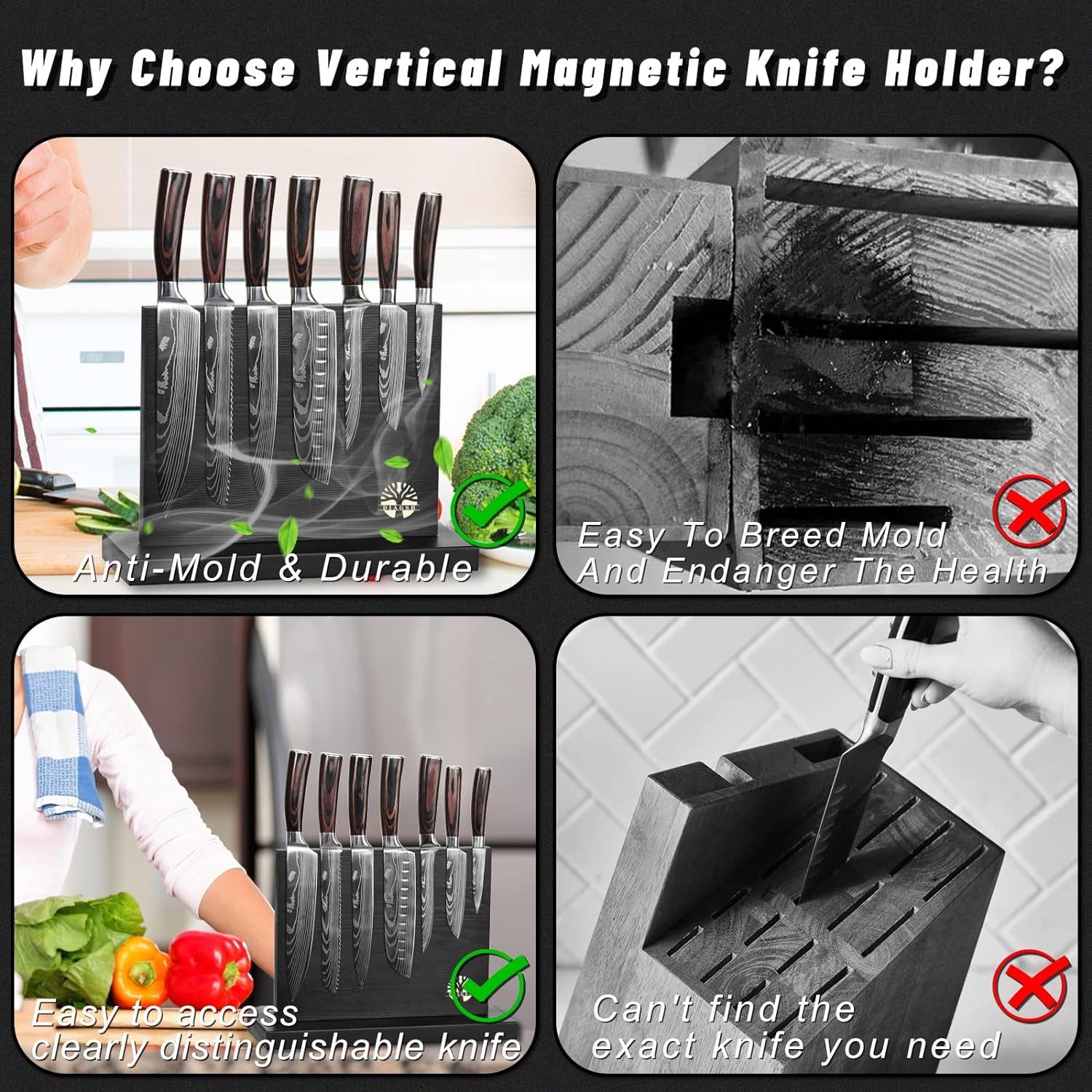 Knife Sets for Kitchen with Block  7 Piece Hand-Forged High Carbon Stainless Steel Knives with Magnetic Holder Solid and Safe-Perfect for Novice to Professional Chefs.