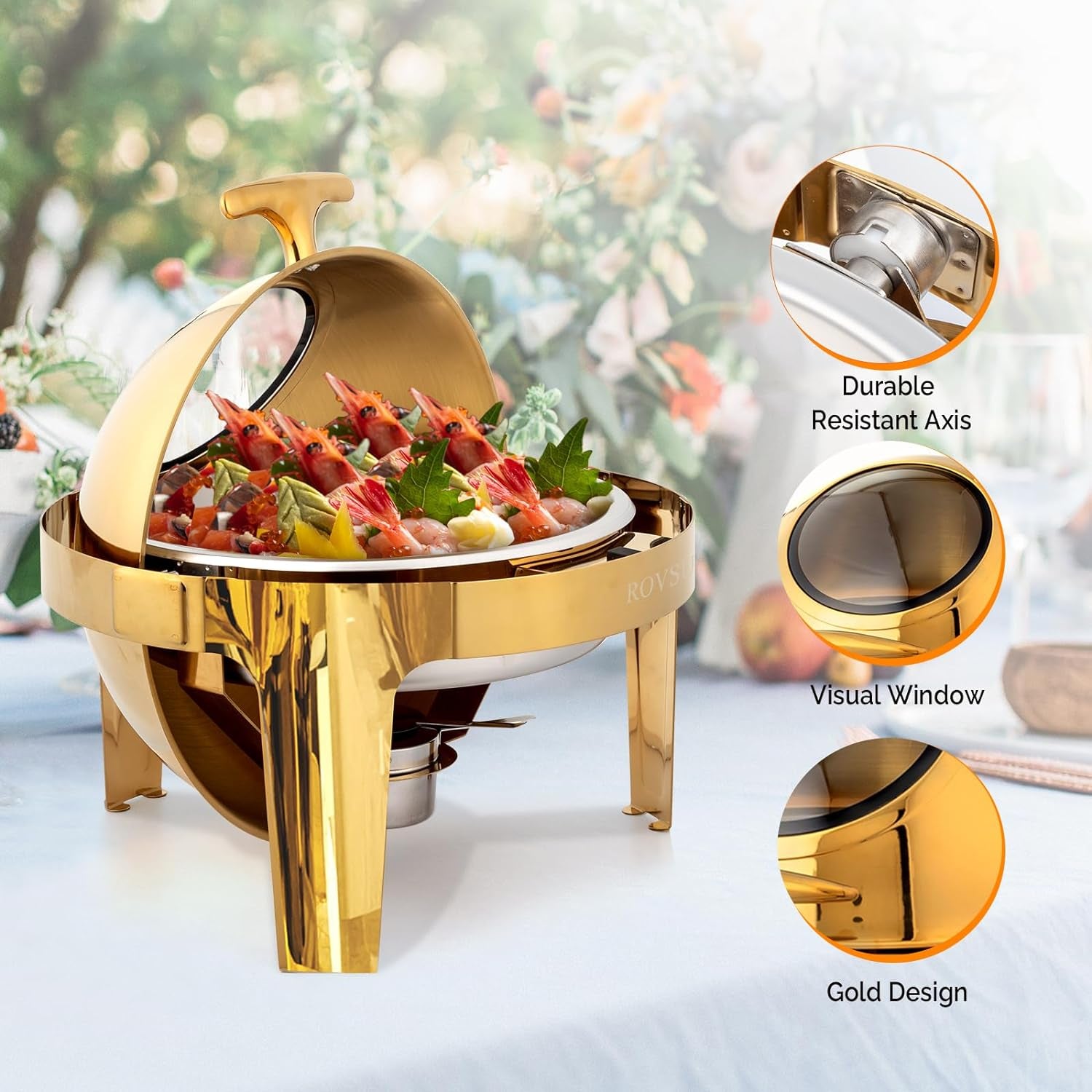 6 QT 3 Pack round Chafing Dish Buffet Set, Roll Top NSF Stainless Steel Buffet Warmer Chafers and Buffet Warmers Sets with Thick Frame for Catering Events Parties Weddings Dinners,Gold