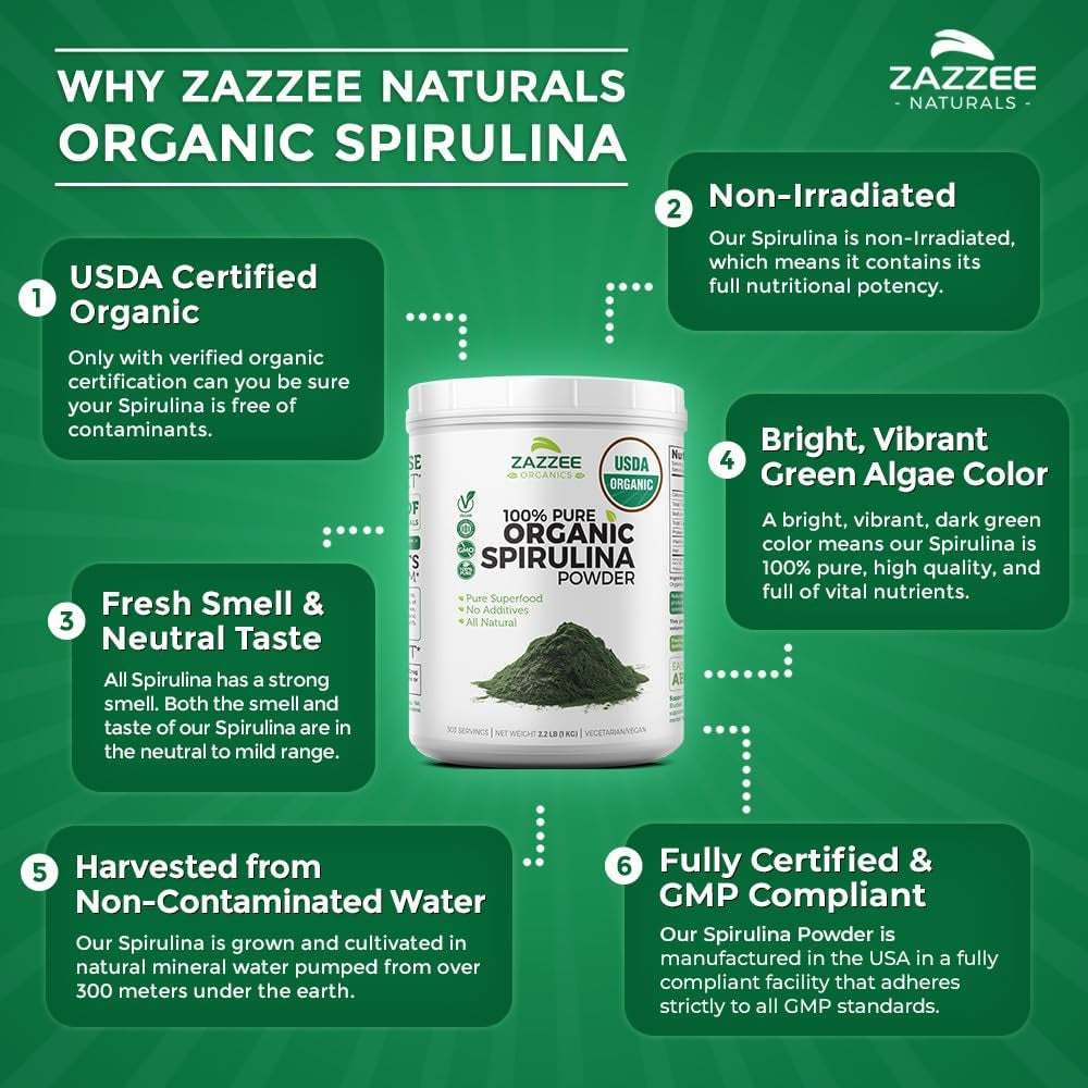 USDA Certified Organic Spirulina Powder, 2.2 Pounds (1 KG), 303 Servings, 100% Pure, Non-Irradiated, Mess-Free Wide Mouth Container, Fresh Smell and Neutral Taste, Vegan, Non-Gmo, Gluten-Free