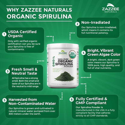 USDA Certified Organic Spirulina Powder, 2.2 Pounds (1 KG), 303 Servings, 100% Pure, Non-Irradiated, Mess-Free Wide Mouth Container, Fresh Smell and Neutral Taste, Vegan, Non-Gmo, Gluten-Free