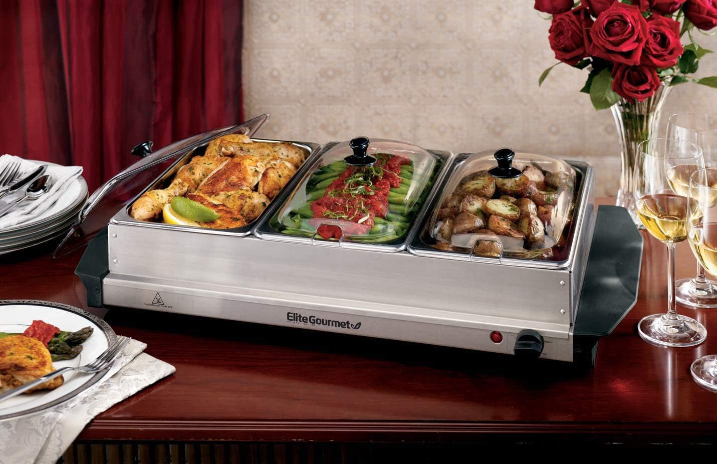 EWM-6171 Triple 3 X 2.5 Qt. Trays, Buffet Server, Food Warmer Temperature Control, Clear Slotted Lids, Perfect for Parties, Entertaining & Holidays, 7.5 Qt Total, Stainless Steel