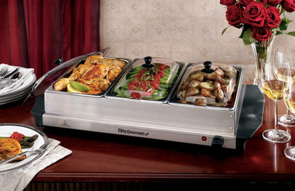 EWM-6171 Triple 3 X 2.5 Qt. Trays, Buffet Server, Food Warmer Temperature Control, Clear Slotted Lids, Perfect for Parties, Entertaining & Holidays, 7.5 Qt Total, Stainless Steel