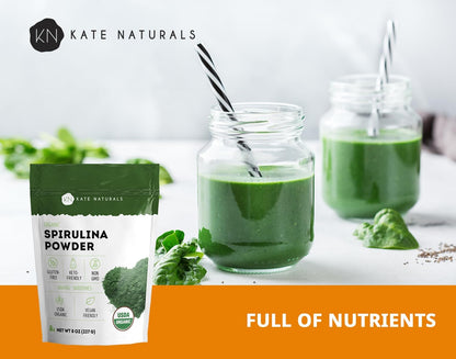 Organic Spirulina Powder (8 Oz) for Immune Support and Antioxidants. USDA Certified. Natural. Non-Gmo. Gluten-Free. Nutrient Dense Superfood Supplement