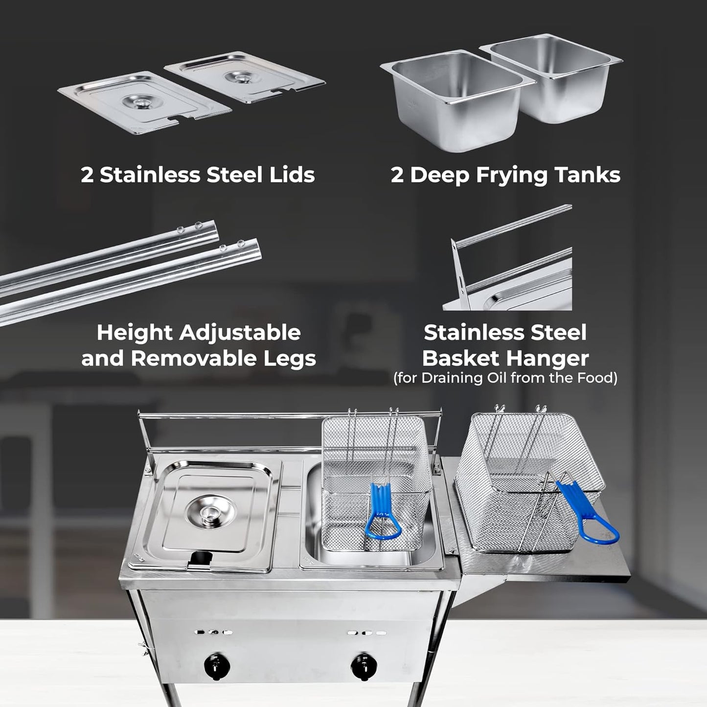 Two Tank Outdoor Deep Fryer with Thermometer | Propane Deep Fryer with 2 Stainless Steel Basket & Lid Covers | Large Oil Tank Capacity with Regulating Knobs