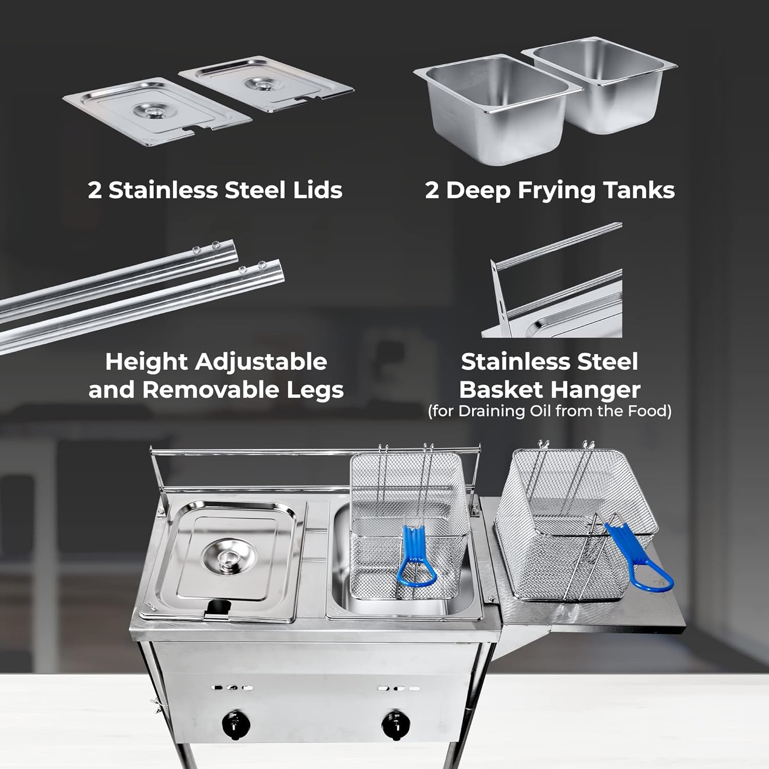 Two Tank Outdoor Deep Fryer with Thermometer | Propane Deep Fryer with 2 Stainless Steel Basket & Lid Covers | Large Oil Tank Capacity with Regulating Knobs