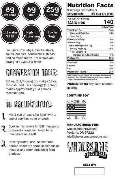 Textured Vegetable Protein, Vegan Meat Substitute, 100% Hexane Free, Made with #1 Graded Yellow Soybeans, Made in US, Gluten Free, Just like Beef, Unflavored (1 Package)