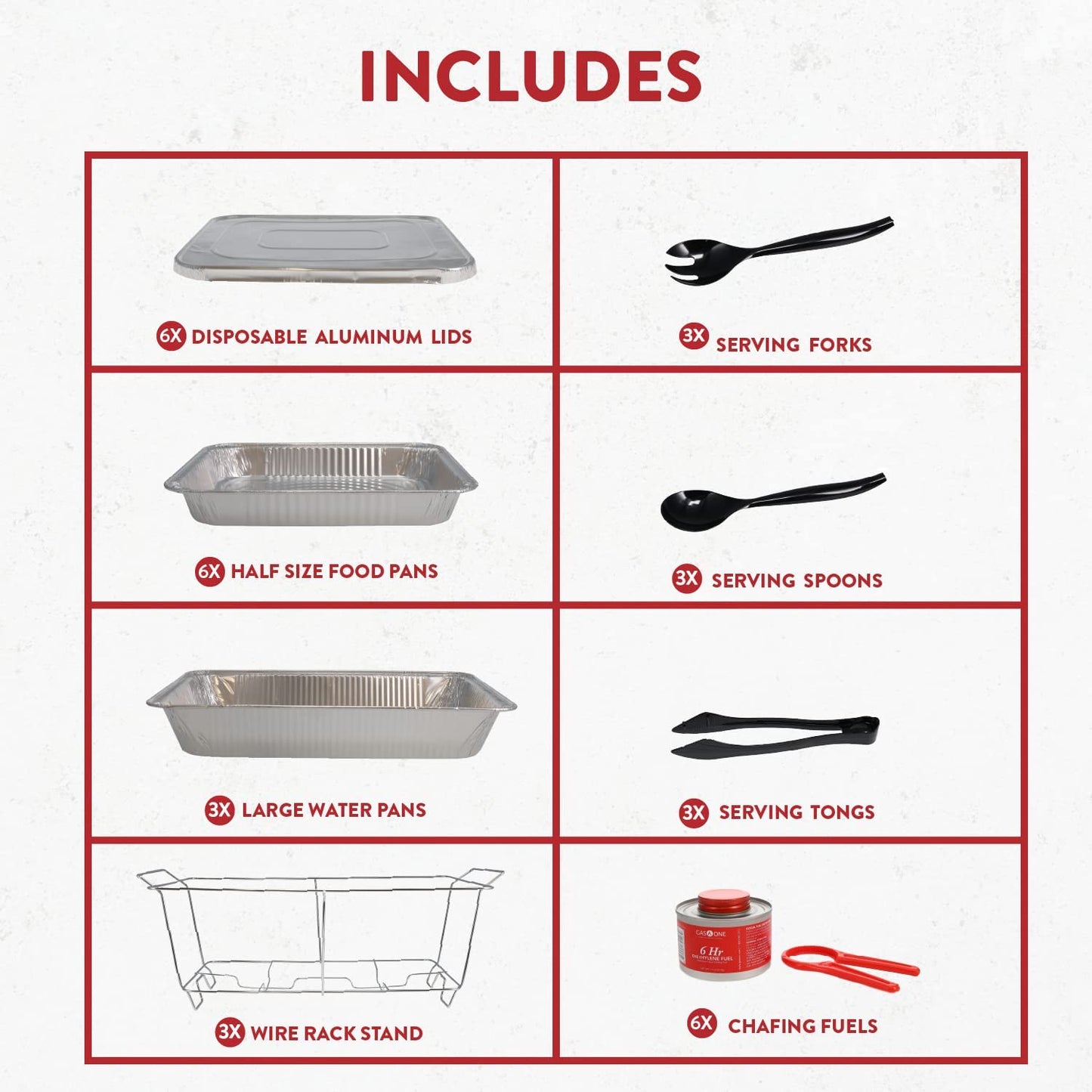Full Size 33-Pcs Disposable Chaffing Buffet With-Covers, Utensils, 6Hr Fuel Cans – Premium Chafing Dish Set for Events, Parties, Catering
