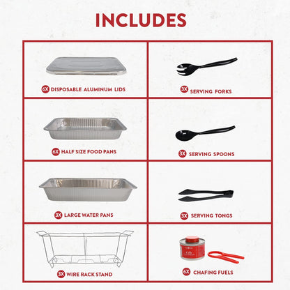Full Size 33-Pcs Disposable Chaffing Buffet With-Covers, Utensils, 6Hr Fuel Cans – Premium Chafing Dish Set for Events, Parties, Catering