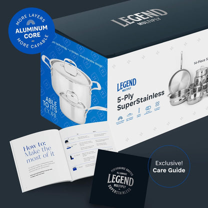 Legend 5 Ply 14 Pc All Stainless Steel Heavy Pots & Pans Set | Professional Quality Cookware 5Ply Clad Home Cooking & Commercial Kitchen Surface Induction Oven Safe | Non-Teflon PFOA, PTFE & PFOS Free
