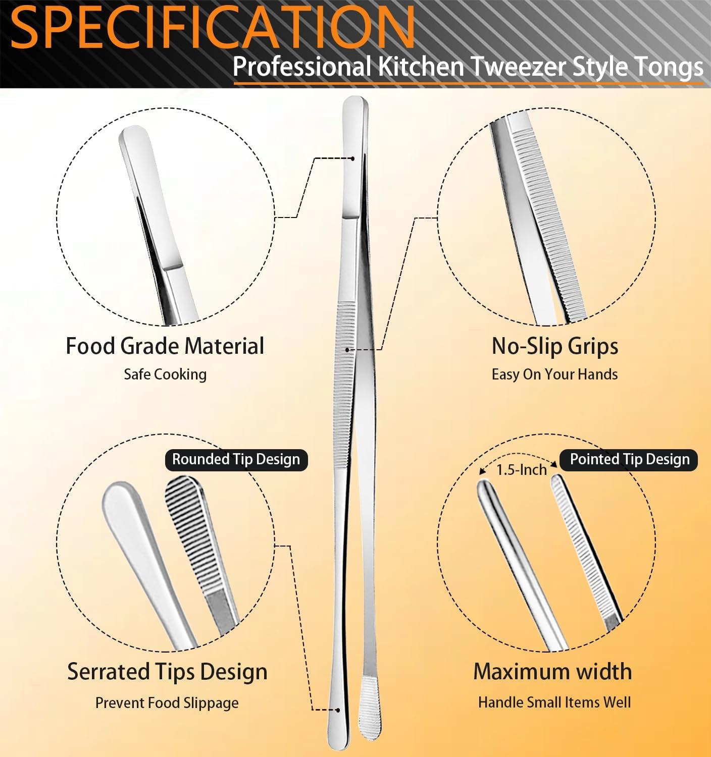 6 Pcs Cooking Tweezer Tongs, 12'' and 6.3" Stainless Steel Kitchen Tweezer Set, Professional Chef Tweezers for Cooking, Repairing, Sea Food, BBQ, Multi-Use