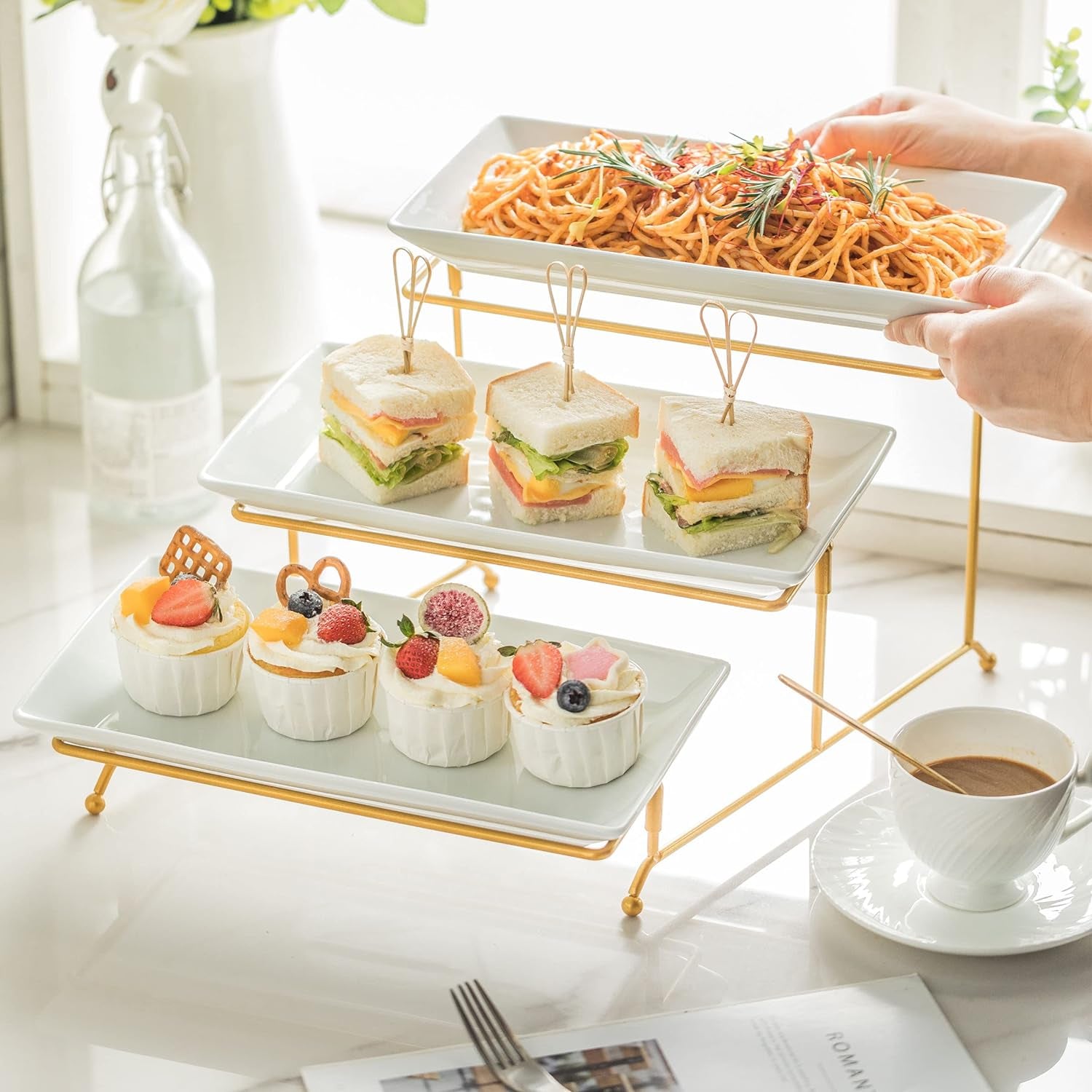 Large 3 Tier Serving Tray with Serving Stand, Serving Dishes for Entertaining, Tiered Serving Tray for Valentines Day, Suitable for Dessert Table Display Set Catering Supplies, 12 Inch Gold