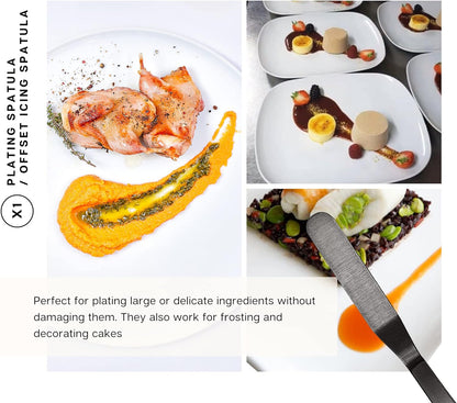 | Chef Plating Tools Culinary Set | Black | 7 Professional Cooking Utensils | 3 Kitchen Tweezers Drawing Pencil Spoon Fish Tongs Spatula Slotted Spoon | Modernist Cuisine Food Art