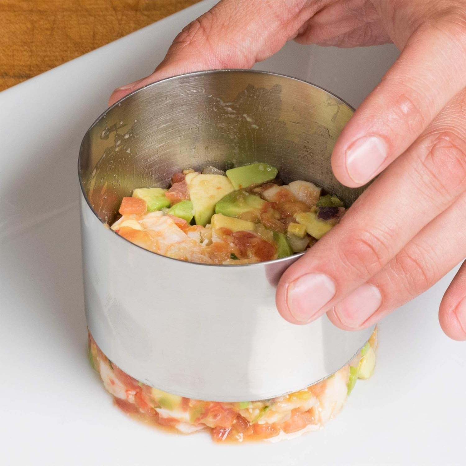 round Food Molding Set, 3.5 by 2.1-Inches High, 4-Piece Set Includes 2 Rings, Fitted Press & Transfer Plate