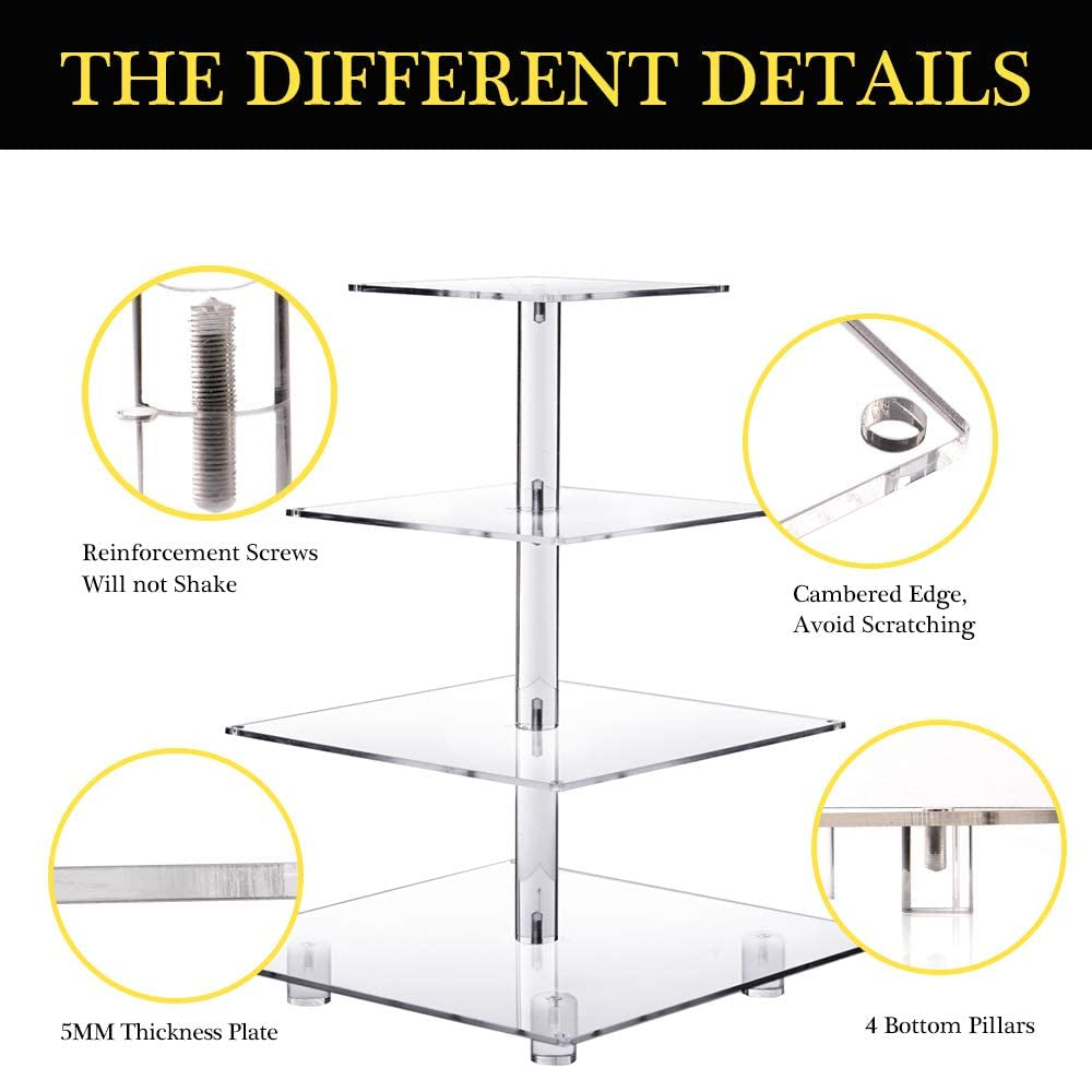 4 Tier Cupcake Stand Acrylic Tower Display with LED Light Premium Holder Dessert Tree Tower for Birthday Cady Bar Décor Weddings, Parties Events (Yellow Light)