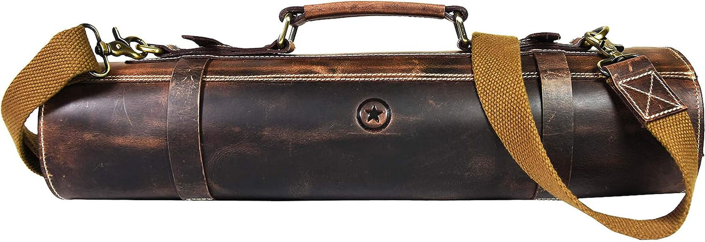 Leather Knife Roll Storage Bag, Elastic and Expandable 10 Pockets, Adjustable/Detachable Shoulder Strap, Travel-Friendly Chef Knife Case (Dark Brown, Leather)