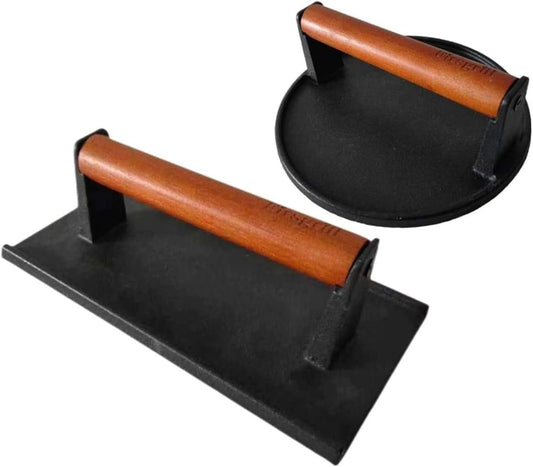 Burger Press 7.08" round & 8.3”X4.3”Rectangle Heavy-Duty Cast Iron Smash Meat Steak with Wood Handle for Blackstone Camp Chef Pitboss Weber Treager Griddle Grills (Round & Rectangle)