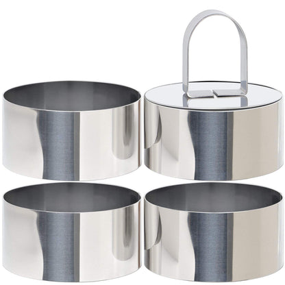 round Cake Ring Mold, Stainless Steel 3 Inch Dessert Mousse Molds with Pusher & Lifter Cooking Rings, Tuna Tartare Mold (Include 4 Rings and 1 Pusher)