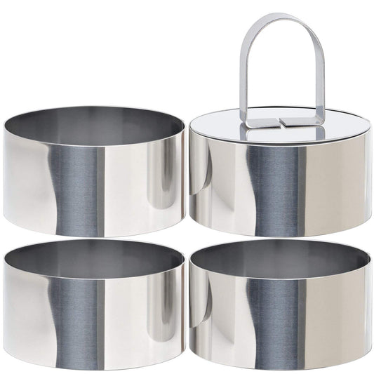 round Cake Ring Mold, Stainless Steel 3 Inch Dessert Mousse Molds with Pusher & Lifter Cooking Rings, Tuna Tartare Mold (Include 4 Rings and 1 Pusher)