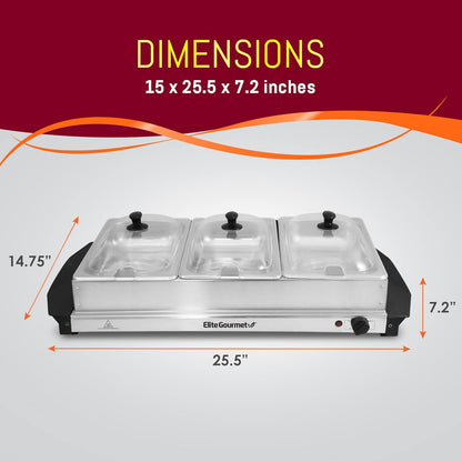 EWM-6171 Triple 3 X 2.5 Qt. Trays, Buffet Server, Food Warmer Temperature Control, Clear Slotted Lids, Perfect for Parties, Entertaining & Holidays, 7.5 Qt Total, Stainless Steel