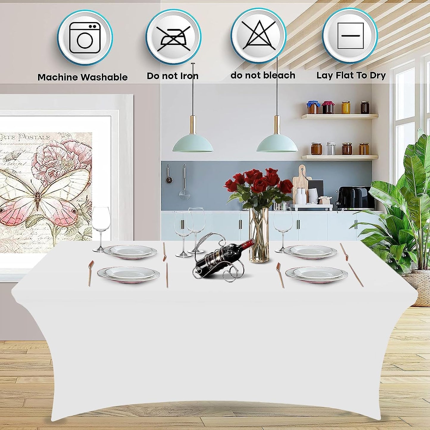 2 Pack 6FT Table Cloth for Rectangle Table White Tablecloth Rectangular Fitted Stretch Spandex Table Covers 6 Ft for Birthday, Cocktail, Wedding, Banquet Spring Summer Outdoor Party