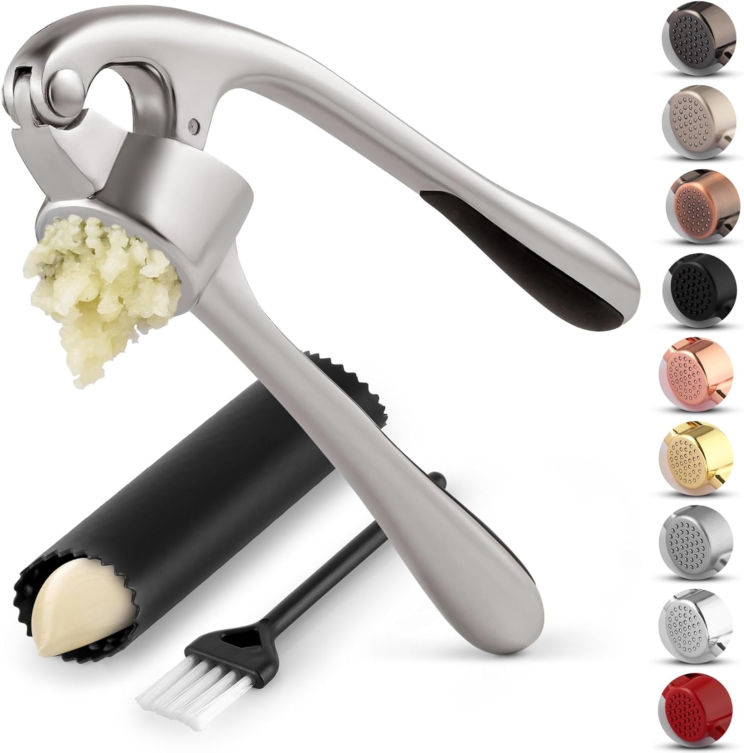 Premium Garlic Press Set - Rust Proof & Dishwasher Safe Professional Garlic Mincer Tool - Easy-Squeeze, Easy-Clean with Soft, Ergonomic Handle - Silicone Garlic Peeler & Brush (Silver)