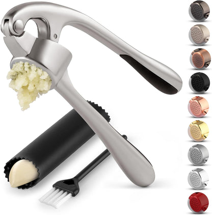 Premium Garlic Press Set - Rust Proof & Dishwasher Safe Professional Garlic Mincer Tool - Easy-Squeeze, Easy-Clean with Soft, Ergonomic Handle - Silicone Garlic Peeler & Brush (Silver)