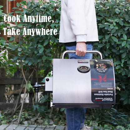 GT1001 Stainless Steel Portable Grill, 10000 BTU BBQ Tabletop Gas Grill with Folding Legs and Lockable Lid, Outdoor Camping, Deck and Tailgating, Silver