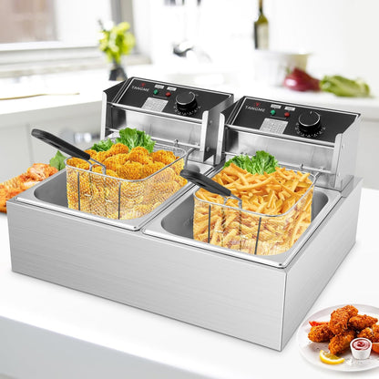 Commercial Deep Fryer - 3400W Electric Deep Fryers with 2X6.35Qt Baskets 0.8Mm Thickened Stainless Steel Countertop Oil Fryer 20.7QT Large Capacity with Temperature Limiter (12L)