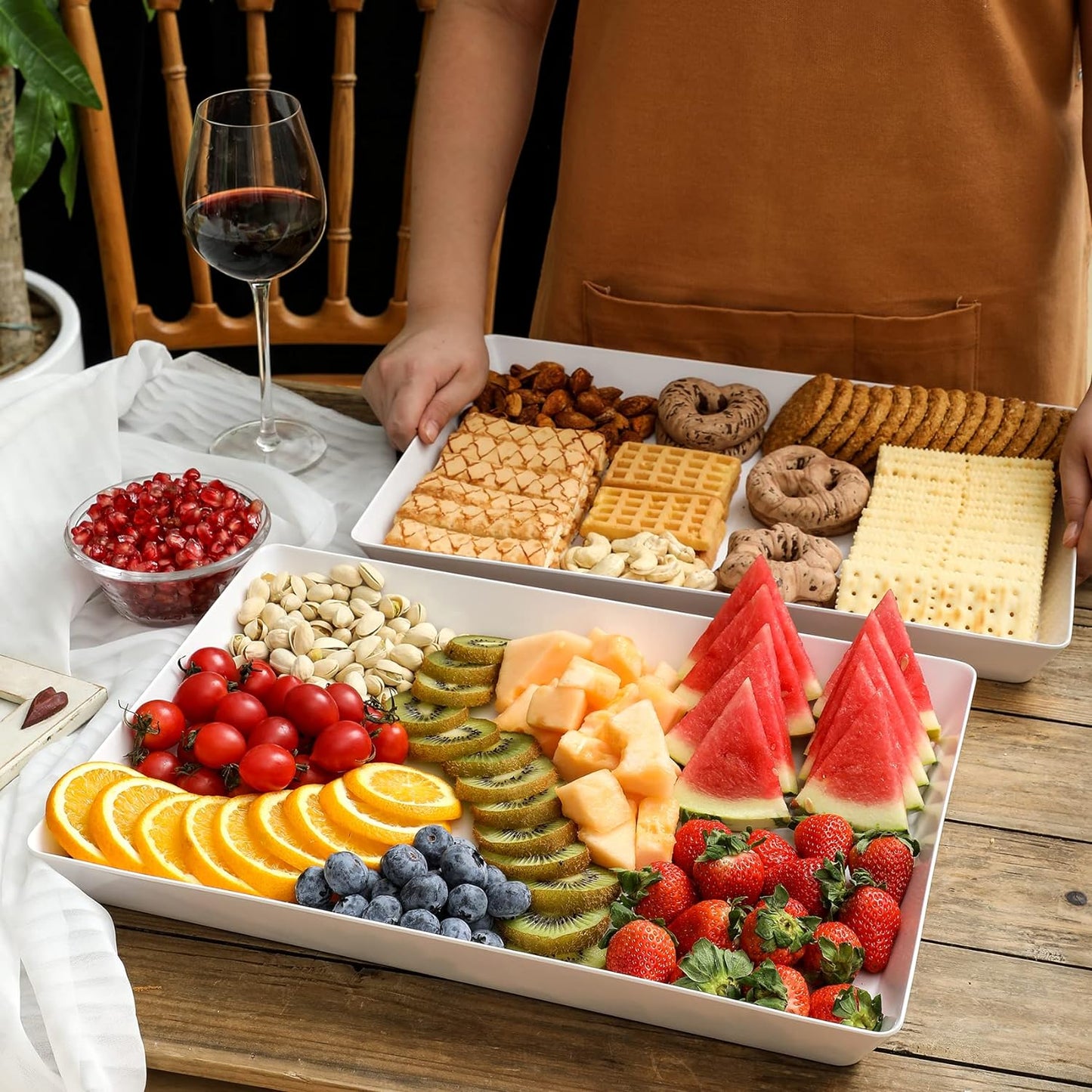 4-Pack 16" X 11" Large White Serving Trays Set - Reusable Plastic Serving Platters for Cookie, Appetizer, Charcuterie, Snack, Dessert, Party Food Display - Stackable Kitchen Countertop Tray, BPA Free