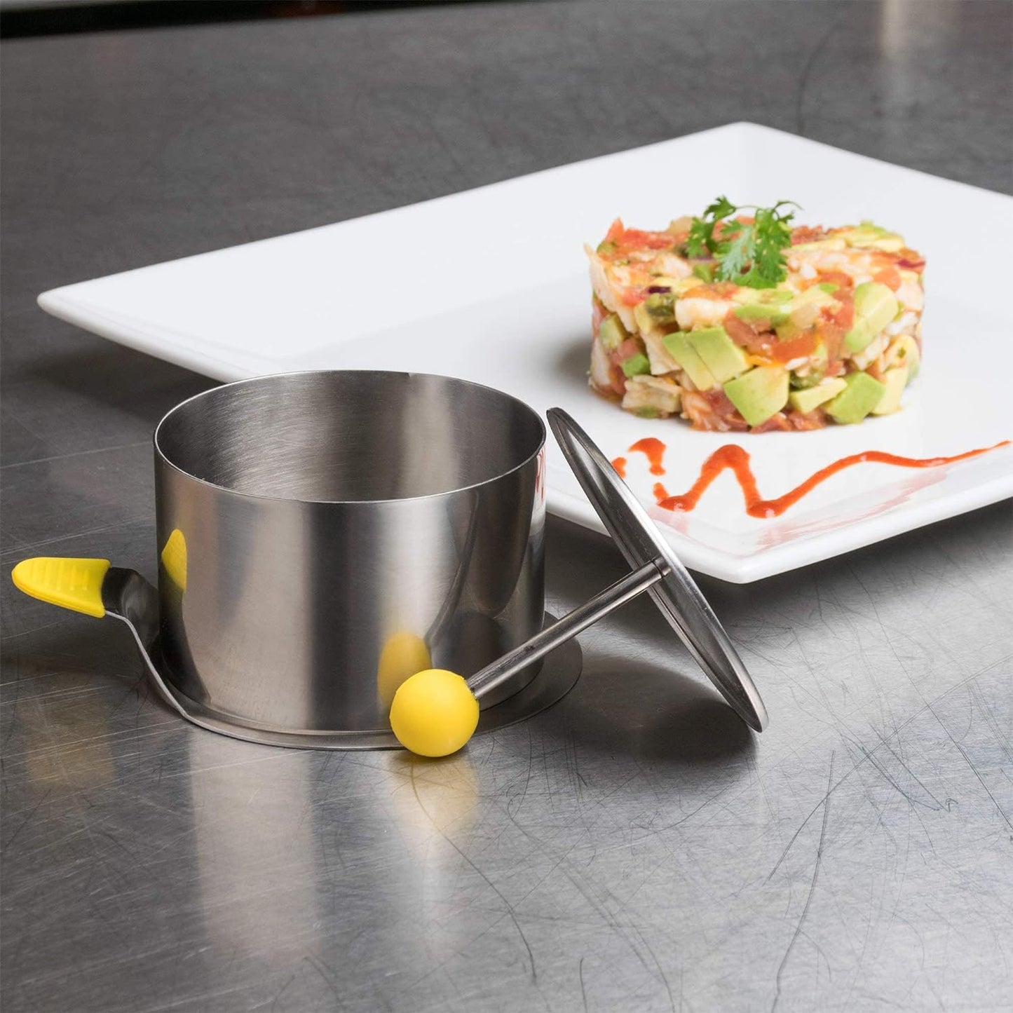 round Food Molding Set, 3.5 by 2.1-Inches High, 4-Piece Set Includes 2 Rings, Fitted Press & Transfer Plate