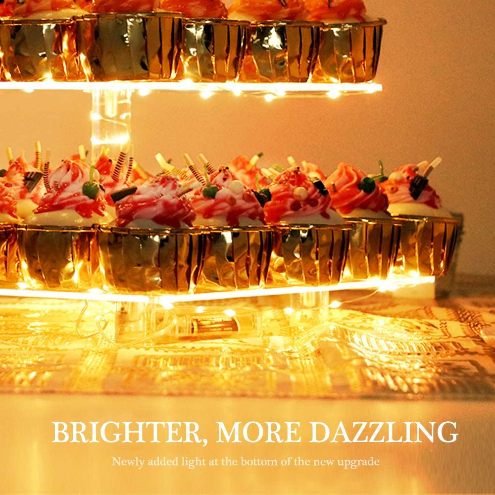 4 Tier Cupcake Stand Acrylic Tower Display with LED Light Premium Holder Dessert Tree Tower for Birthday Cady Bar Décor Weddings, Parties Events (Yellow Light)