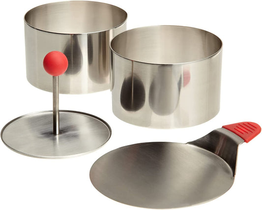 round Food Molding Set, 3.5 by 2.1-Inches High, 4-Piece Set Includes 2 Rings, Fitted Press & Transfer Plate