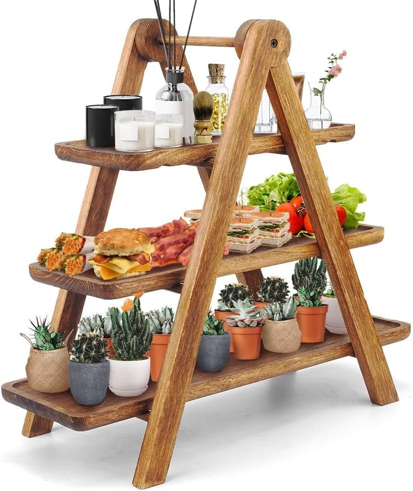 Wood 3 Tier Serving Tray Three Tiered Cupcake Stand, Rectangle Serving Platter Wooden Farmhouse, Party Serving Brown Decorative Tray Decor