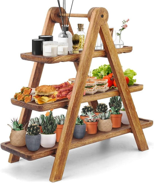 Wood 3 Tier Serving Tray Three Tiered Cupcake Stand, Rectangle Serving Platter Wooden Farmhouse, Party Serving Brown Decorative Tray Decor