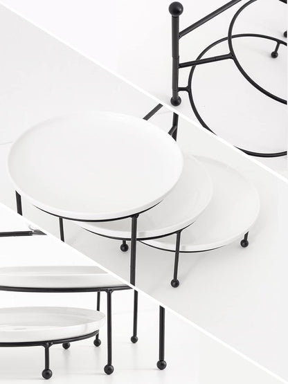 3 Tiered Serving Stand with White Porcelain Plates, Tiered Tray Stand, 10" X 10" Tier Serving Trays with Black Metal Stand for Entertaining, 3 Tier Dessert Stand