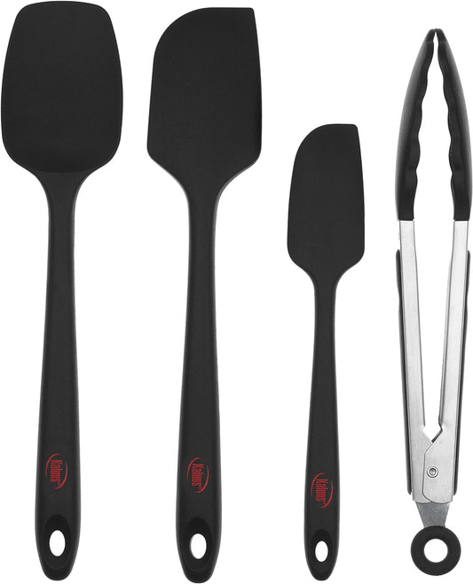 Silicone Spatula Set 4 Pcs Rubber Spatulas Silicone Heat Resistant 600°F, Spatulas for Nonstick Cookware, Seamless Design with Stainless Steel Core, Dishwasher Safe, Bonus Tongs Included