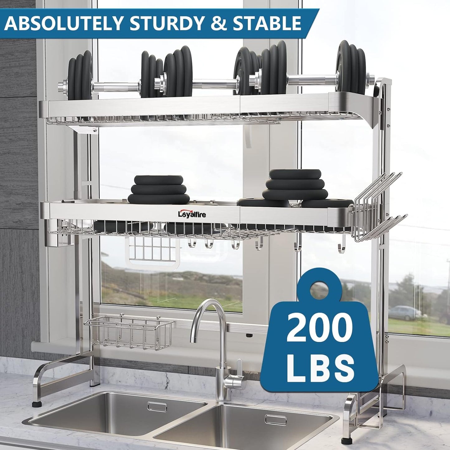 Over Sink Dish Drainer Drying Rack, 3 Tier Adjustable Length (20.87'' to 37.6'') Full Stainless Steel Large Storage Kitchen Dish Rack, Expandable Shelf Rack with Multifunctional Organizers
