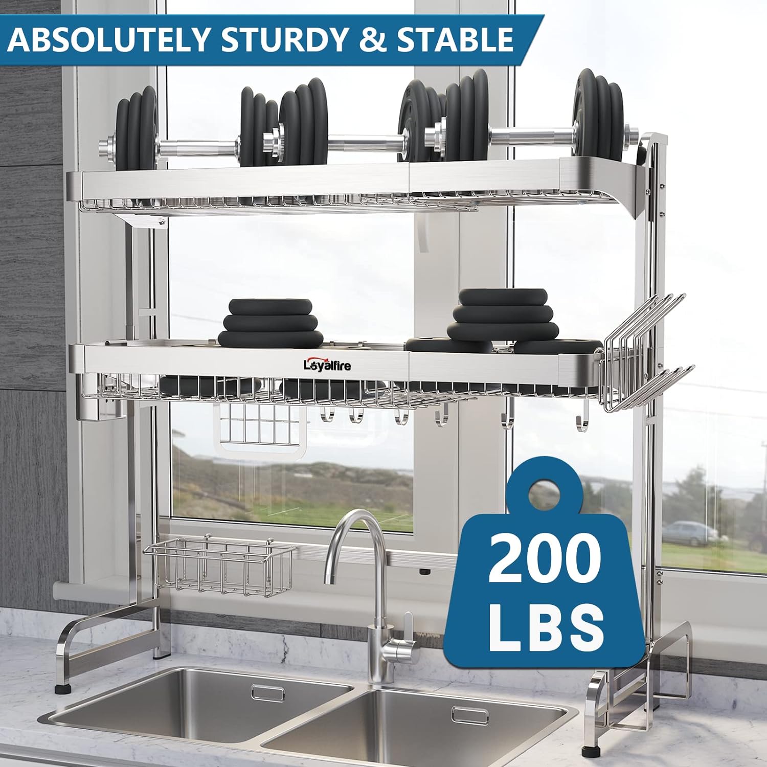 Over Sink Dish Drainer Drying Rack, 3 Tier Adjustable Length (20.87'' to 37.6'') Full Stainless Steel Large Storage Kitchen Dish Rack, Expandable Shelf Rack with Multifunctional Organizers