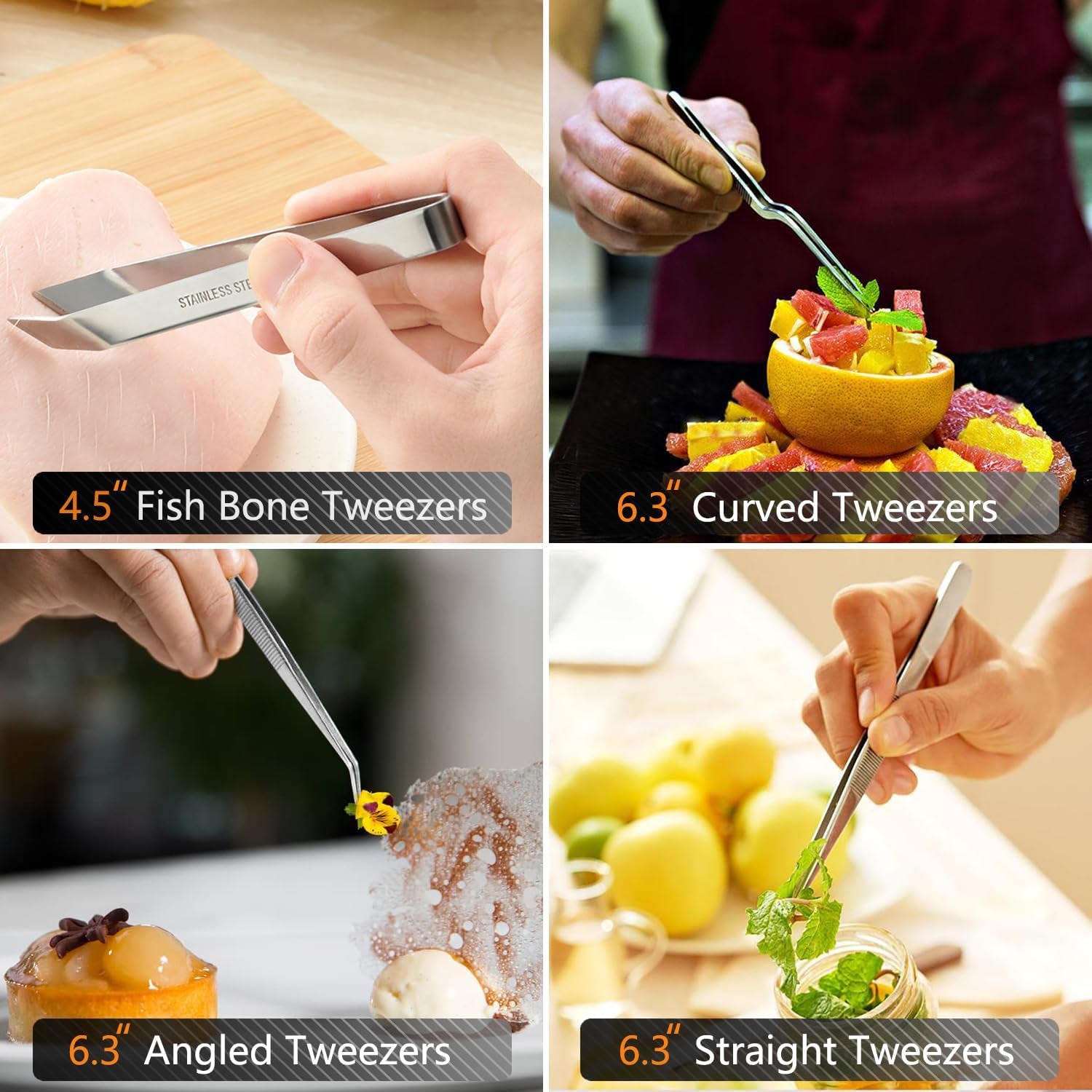 6 Pcs Cooking Tweezer Tongs, 12'' and 6.3" Stainless Steel Kitchen Tweezer Set, Professional Chef Tweezers for Cooking, Repairing, Sea Food, BBQ, Multi-Use