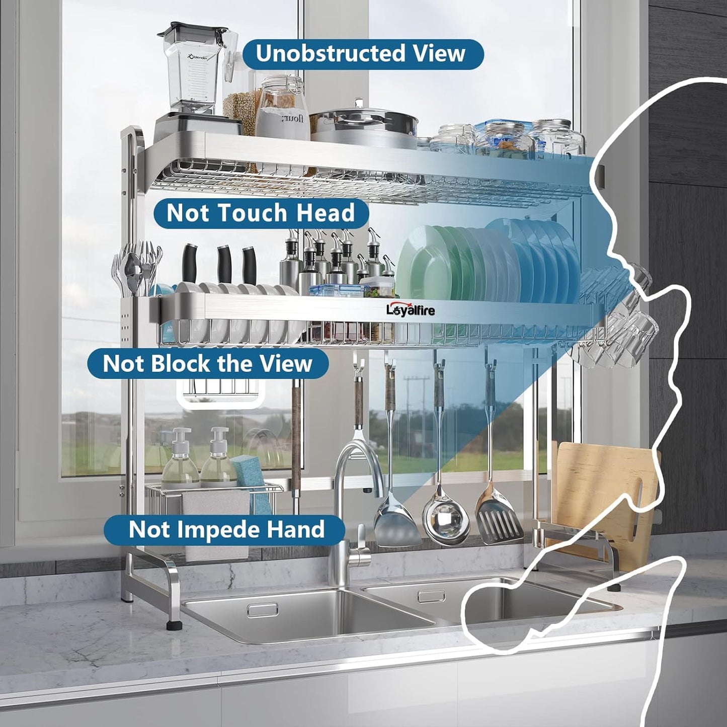 Over Sink Dish Drainer Drying Rack, 3 Tier Adjustable Length (20.87'' to 37.6'') Full Stainless Steel Large Storage Kitchen Dish Rack, Expandable Shelf Rack with Multifunctional Organizers