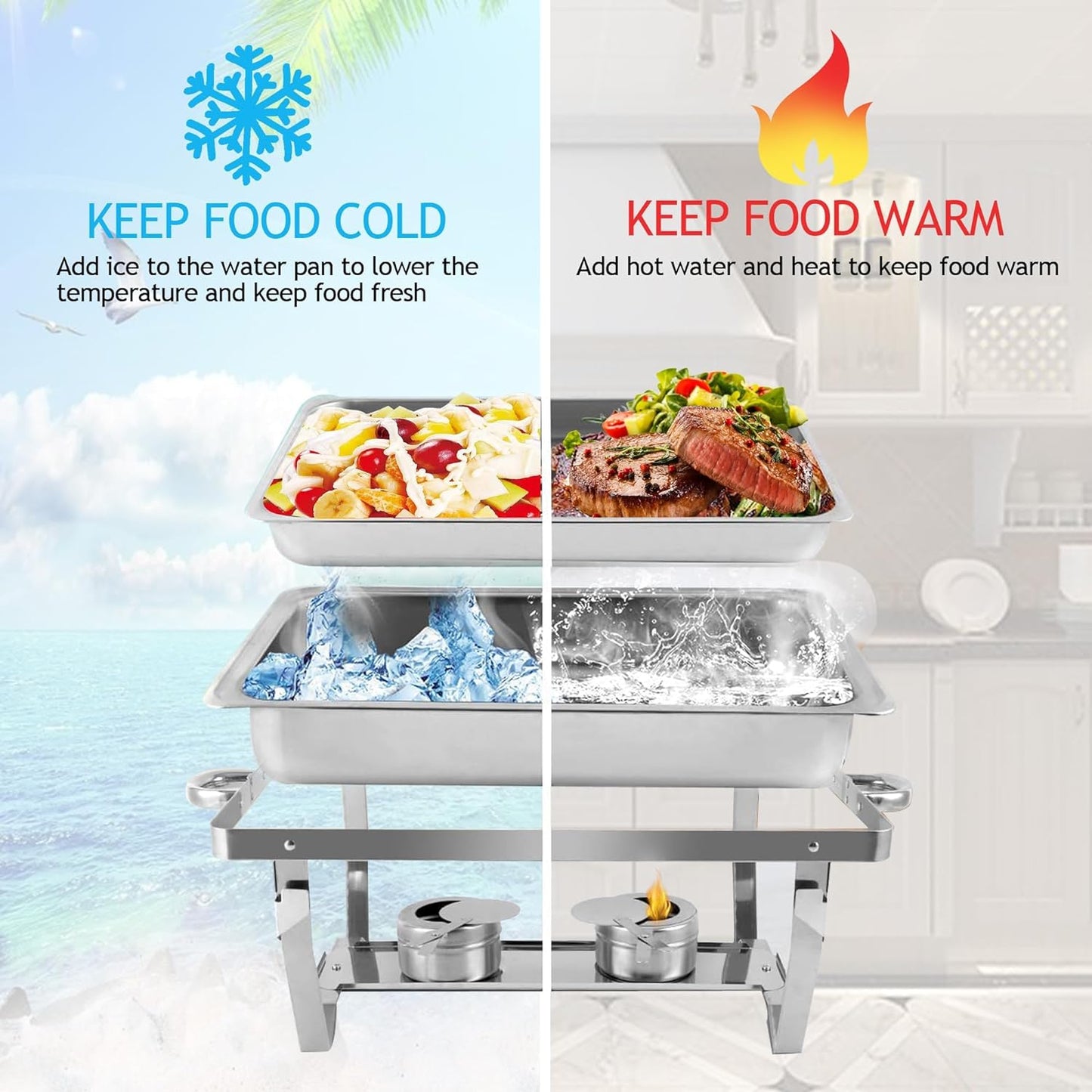Chafing Dish Buffet Set - 4 Pack, 8 Quart Stainless Steel Chafer Buffet Servers and Warmers Set with Folding Frame for Weddings, Parties, Banquets, and Catering Events