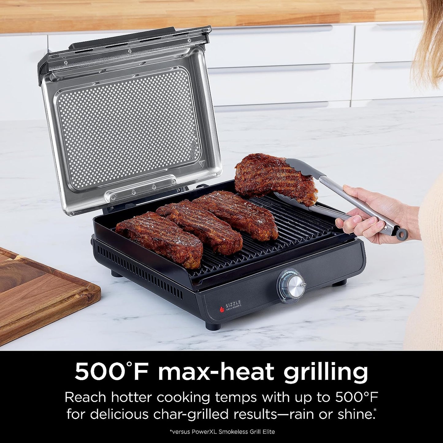GR101 Sizzle Smokeless Indoor Grill & Griddle, 14'' Interchangeable Nonstick Plates, Dishwasher-Safe Removable Mesh Lid, 500F Max Heat, Even Edge-To-Edge Cooking, Grey/Silver