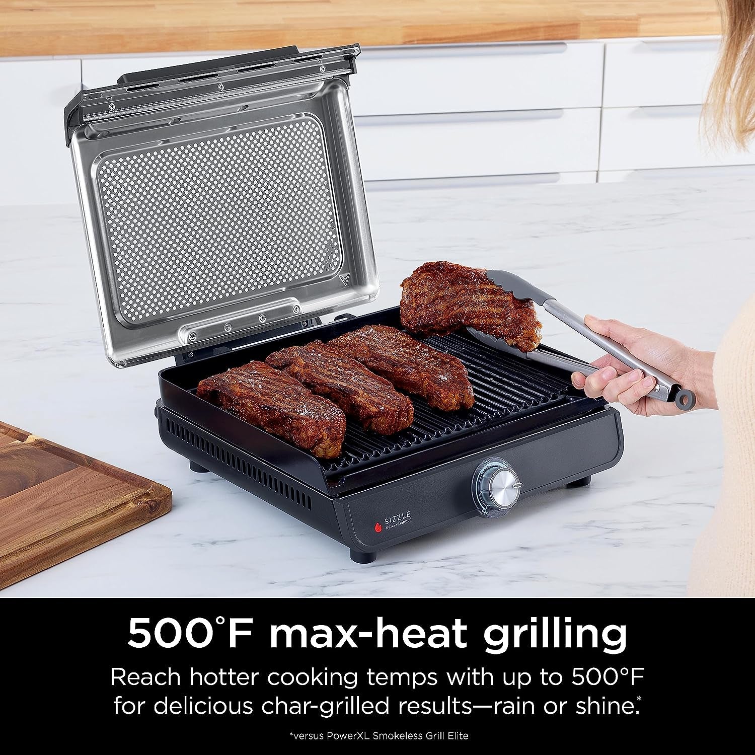 GR101 Sizzle Smokeless Indoor Grill & Griddle, 14'' Interchangeable Nonstick Plates, Dishwasher-Safe Removable Mesh Lid, 500F Max Heat, Even Edge-To-Edge Cooking, Grey/Silver