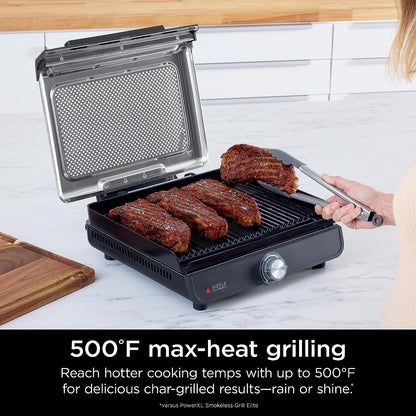 GR101 Sizzle Smokeless Indoor Grill & Griddle, 14'' Interchangeable Nonstick Plates, Dishwasher-Safe Removable Mesh Lid, 500F Max Heat, Even Edge-To-Edge Cooking, Grey/Silver