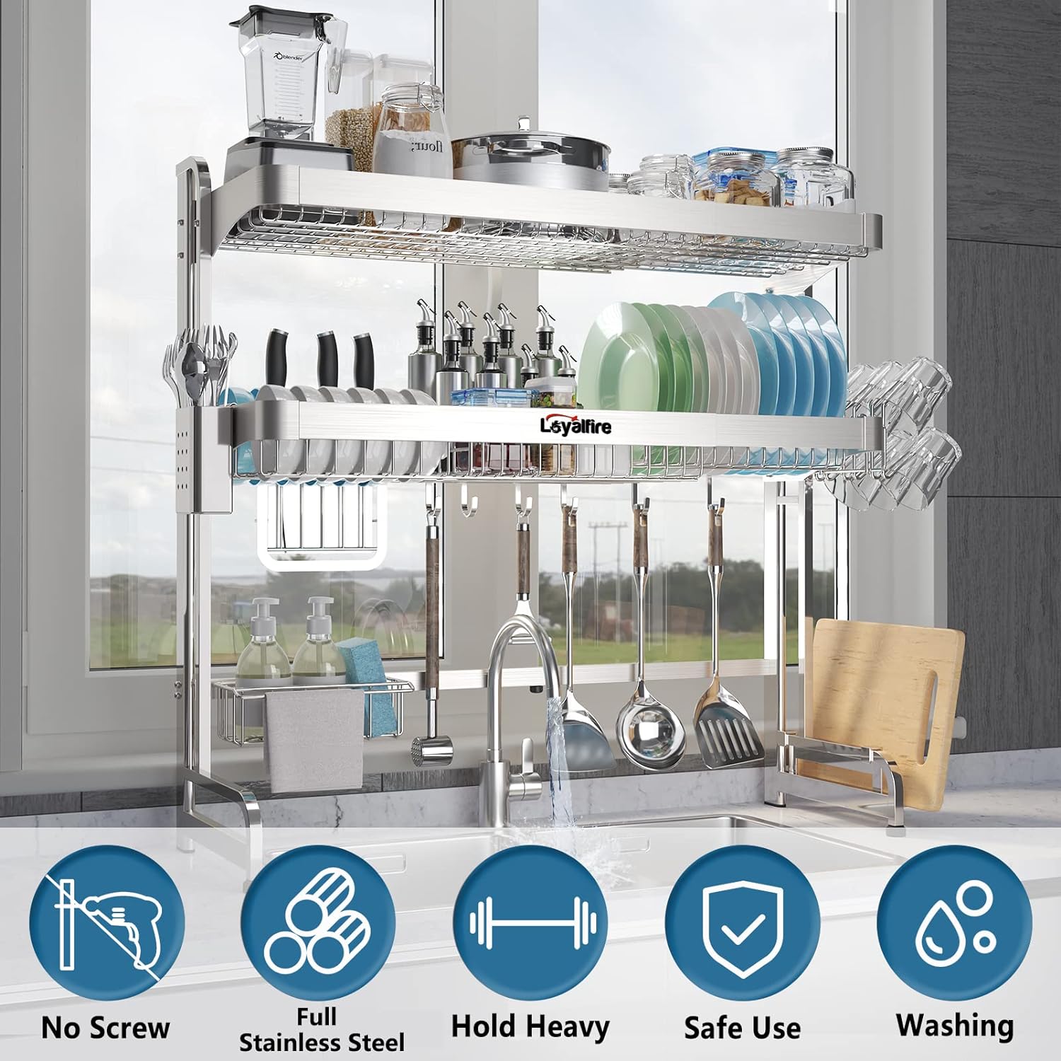 Over Sink Dish Drainer Drying Rack, 3 Tier Adjustable Length (20.87'' to 37.6'') Full Stainless Steel Large Storage Kitchen Dish Rack, Expandable Shelf Rack with Multifunctional Organizers