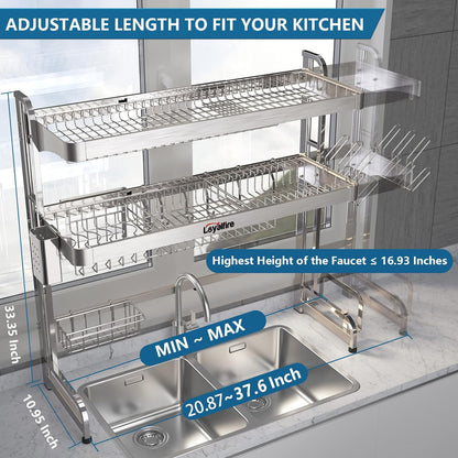 Over Sink Dish Drainer Drying Rack, 3 Tier Adjustable Length (20.87'' to 37.6'') Full Stainless Steel Large Storage Kitchen Dish Rack, Expandable Shelf Rack with Multifunctional Organizers