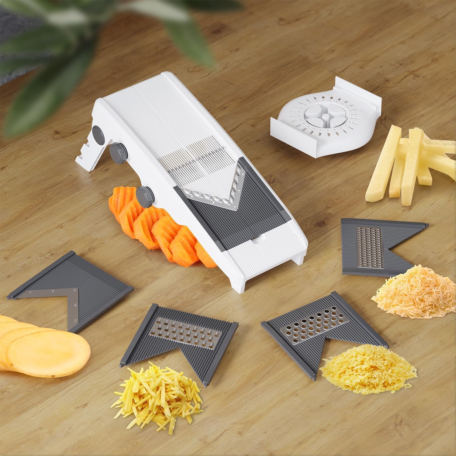 living Mandoline Slicer for Kitchen, Adjustable Vegetable Chopper, Fruit, Cheese Grater, Potato Chips Slicer - White