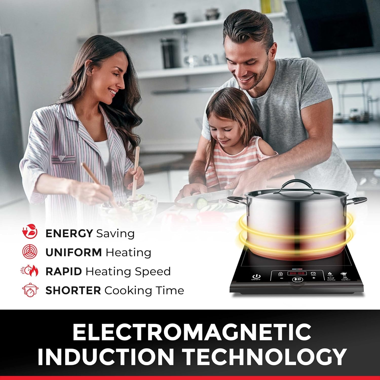 Rapidtherm Portable Induction Cooktop Hot Plate Countertop Burner 1800W, 8 Temp Levels, Timer, Auto-Shut-Off, Touch Panel, LED Display, Auto Pot Detection, Child Safety Lock, 4 Preset Programs