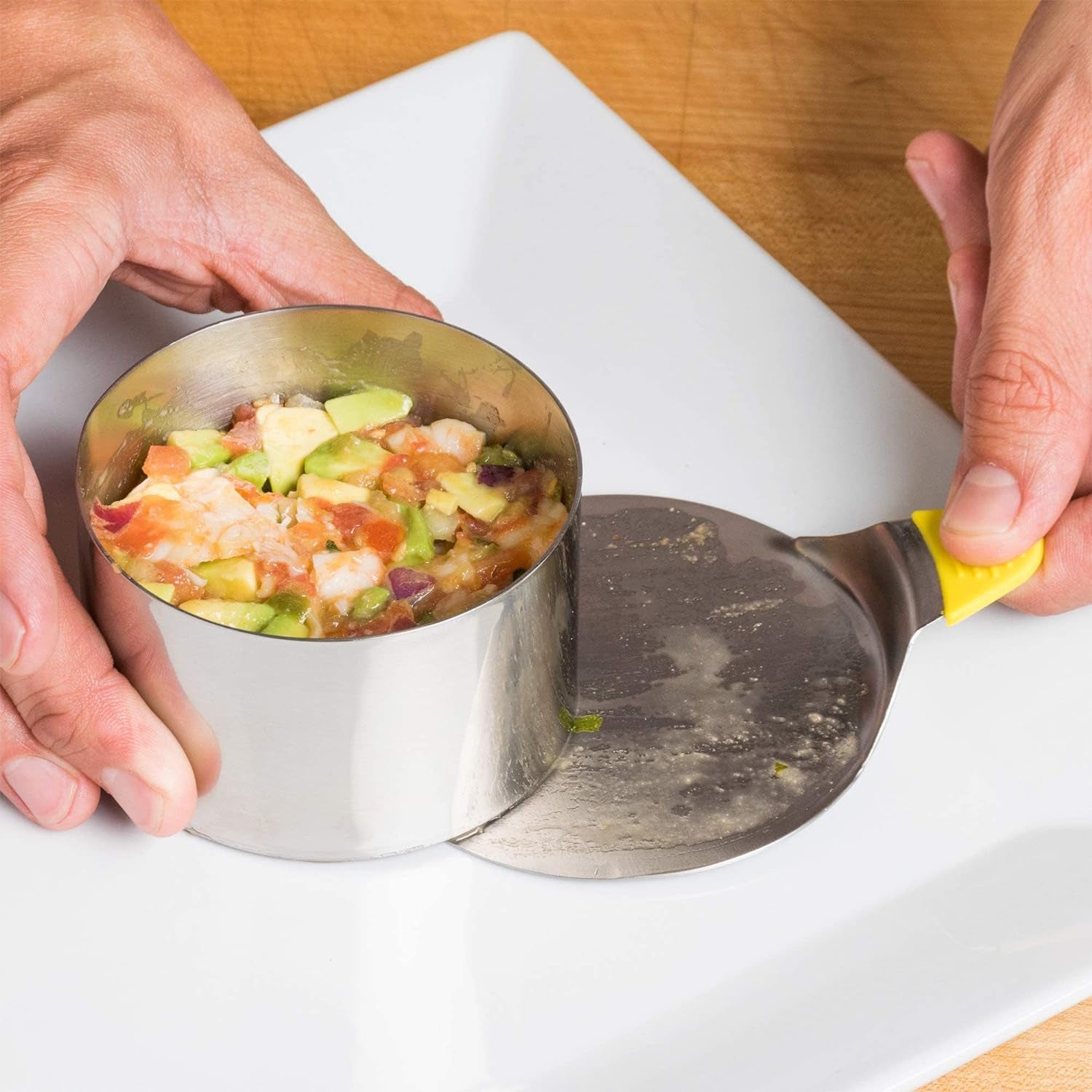 round Food Molding Set, 3.5 by 2.1-Inches High, 4-Piece Set Includes 2 Rings, Fitted Press & Transfer Plate